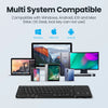 A foldable Bluetooth keyboard with a touchpad is shown alongside various computer systems and mobile devices.