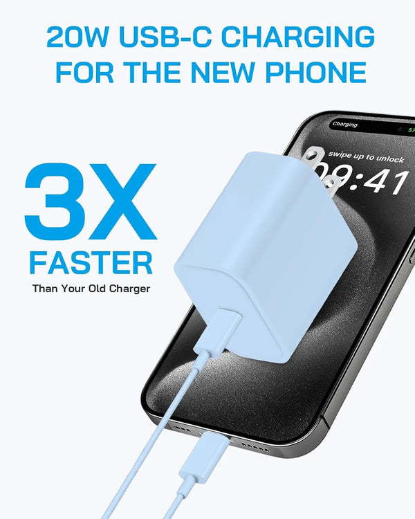 A blue USB-C charging adapter is shown plugged into a smartphone for fast charging.