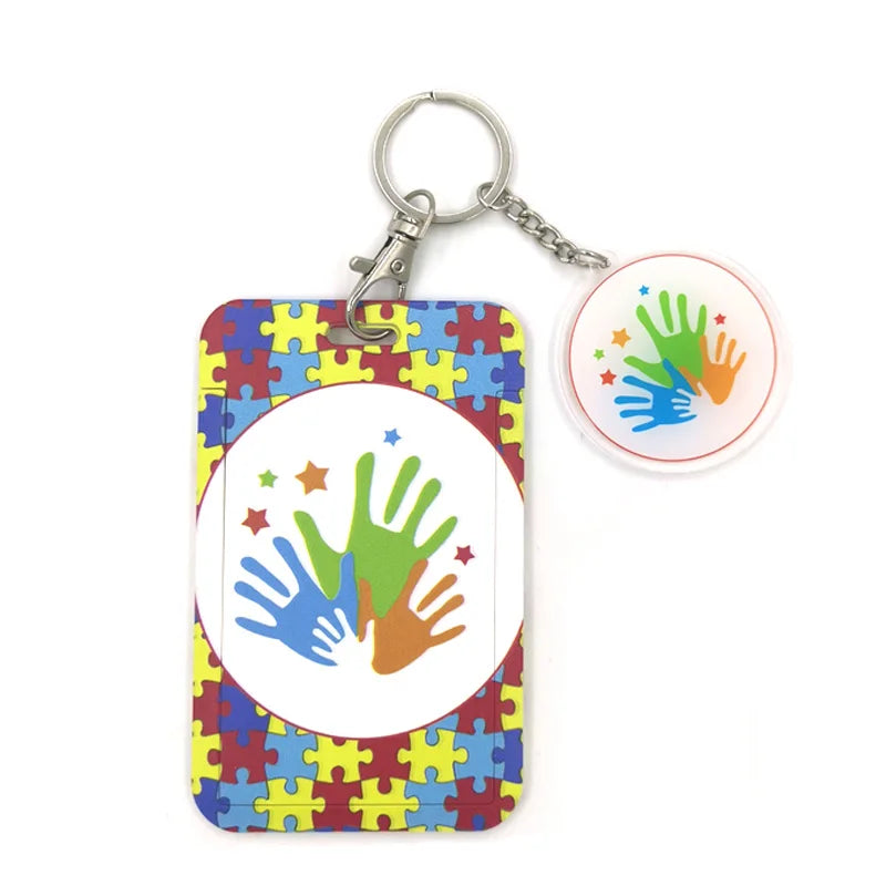 Anime-Muster-Lanyard Schlüsselring mit bunten Puzzlestücken und Handabdrücken