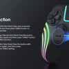 A close-up view of a black game controller with blue and purple RGB lighting, showing instructions for Turbo function setting