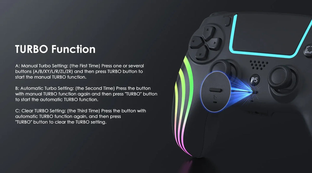 A close-up view of a black game controller with blue and purple RGB lighting, showing instructions for Turbo function setting