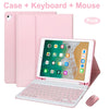 Pink Bluetooth keyboard case for an iPad, showing the case, keyboard, and mouse.