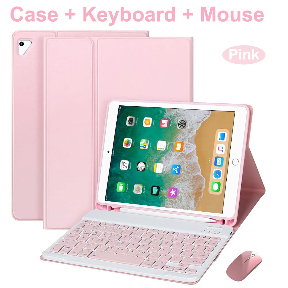 Pink Bluetooth keyboard case for an iPad, showing the case, keyboard, and mouse.