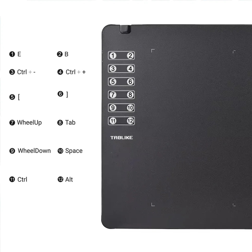 Tablette graphique numérique professionnelle noire sensible à la pression montrant une disposition des touches de fonction et