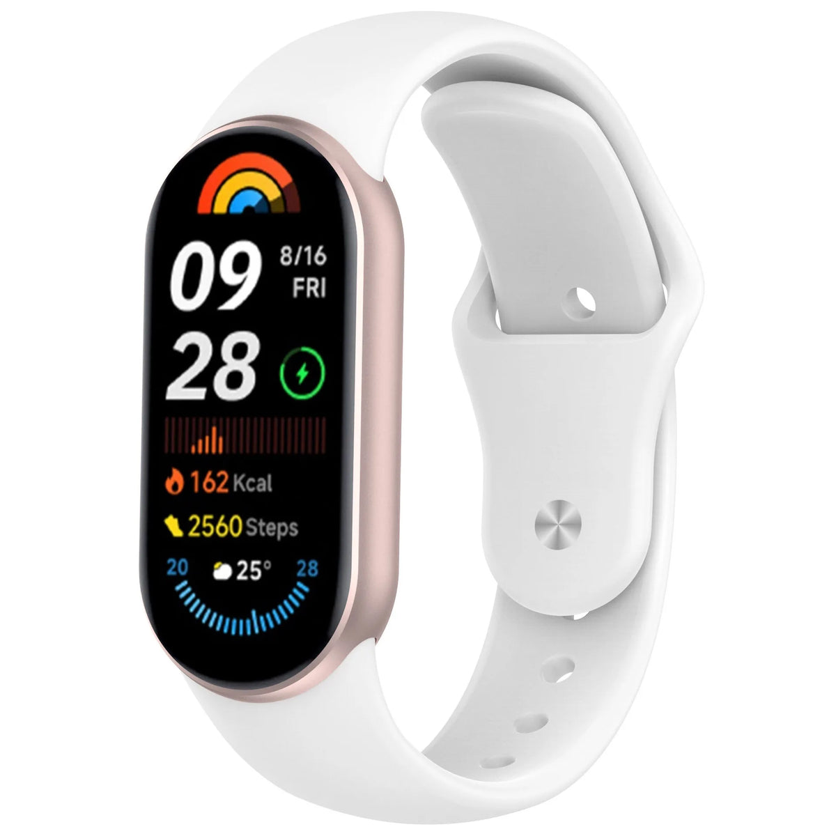 A white fitness tracker watch with a silicone replacement strap showing the time 09:28 and battery status.
