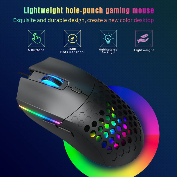 A black lightweight hole-punched gaming mouse with multicolored backlight and six buttons