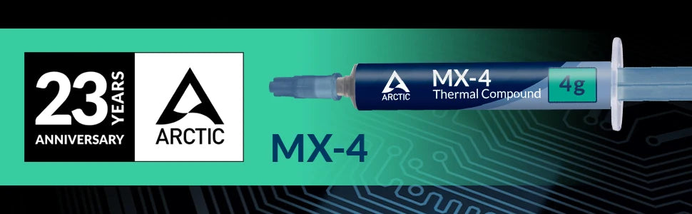 A close-up of an MX-4 thermal compound tube with a 4g quantity label, set against a green background celebrating a 23rd anniv