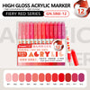 A set of 12 fiery red high-gloss acrylic marker pens in various shades, including R01 to R12.