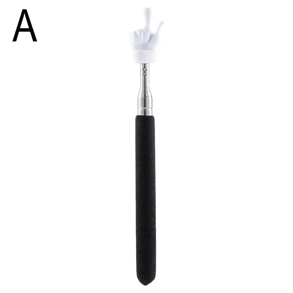 A retractable hand pointer stick with a white tip and black body.