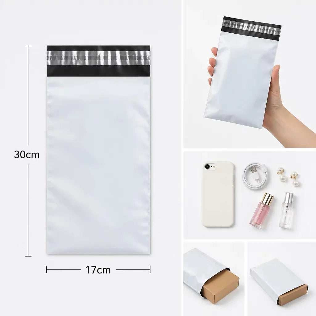 A white self-adhesive courier mailer bag with a black header, shown next to its dimensions and a cosmetic product.