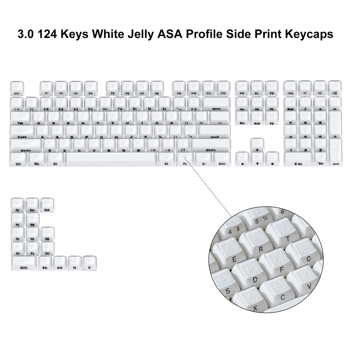 A close-up view of 124 white jelly ASA profile mechanical keycaps for a keyboard.