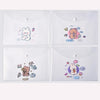 A set of four clear document pouches featuring cute cartoon animals like a bear and a rabbit for holding papers.