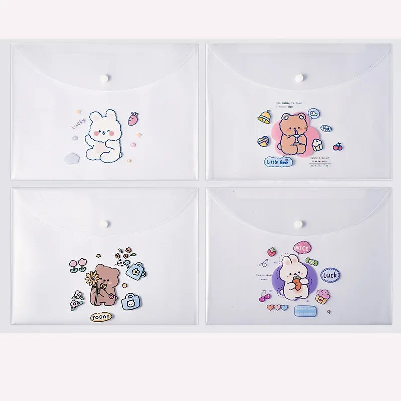 A set of four clear document pouches featuring cute cartoon animals like a bear and a rabbit for holding papers.