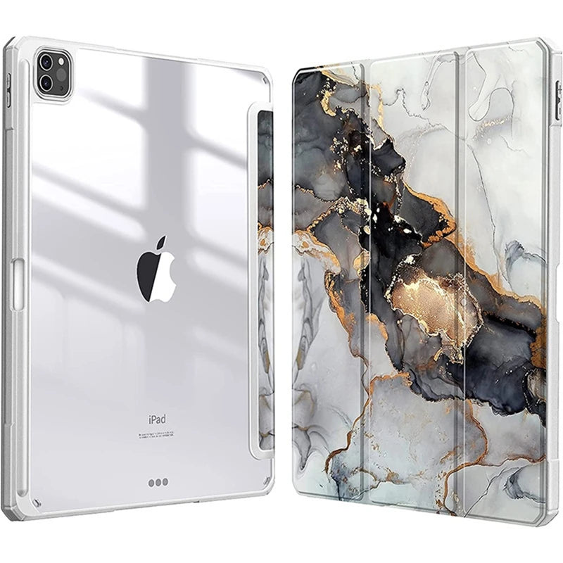 A clear protective case for an iPad featuring a marbled gold and black design.