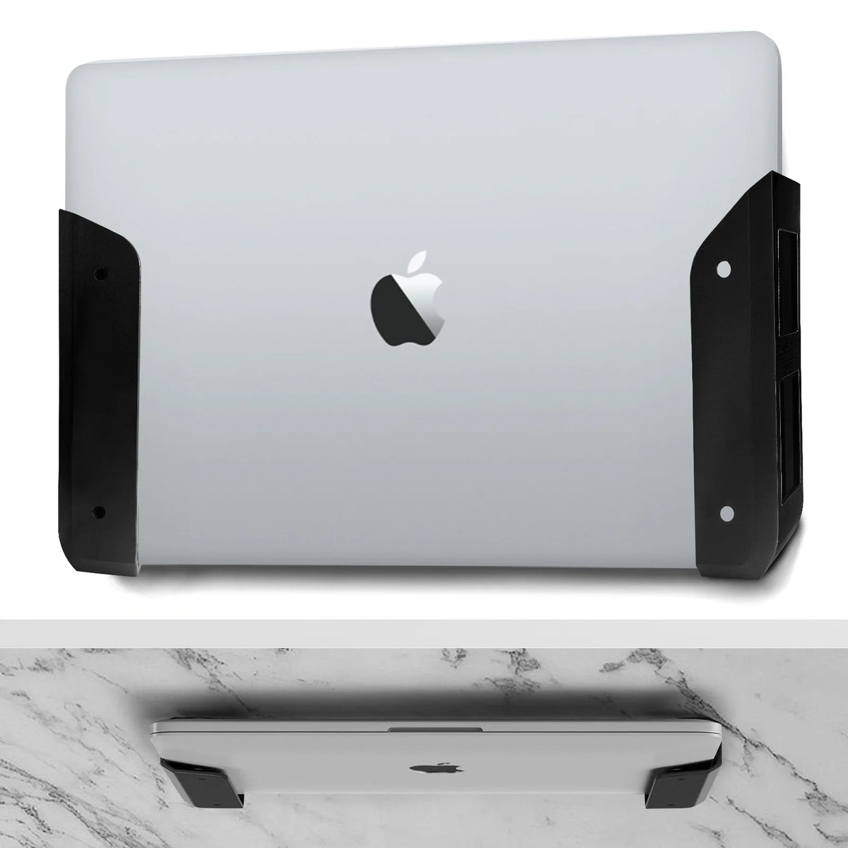 A silver laptop is mounted on an under-desk clamp with black silicone padding.