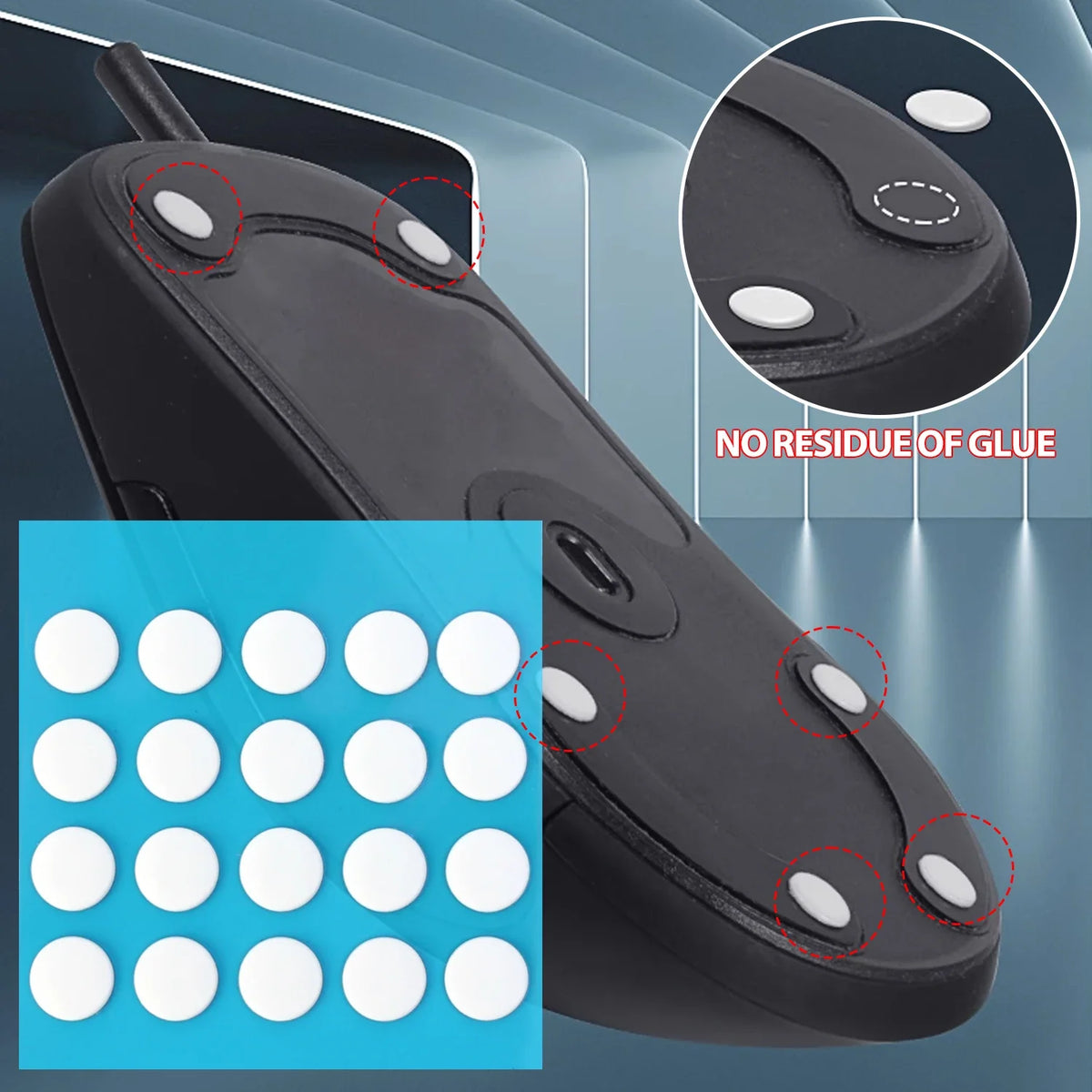 Close-up view of a black universal mouse skate with removable PTFE glide feet and silicone adhesive pads.