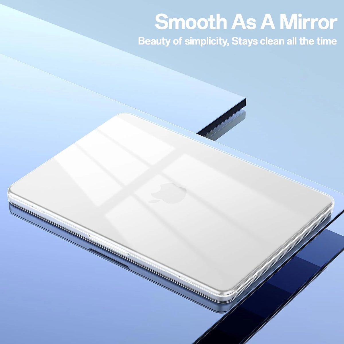 A white MacBook is shown with a clear protective case, emphasizing its smooth finish and beauty.