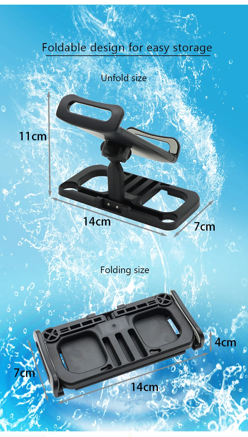 Soporte plegable negro para controlador de dron DJI, mostrado en tamaños desplegado y plegado.