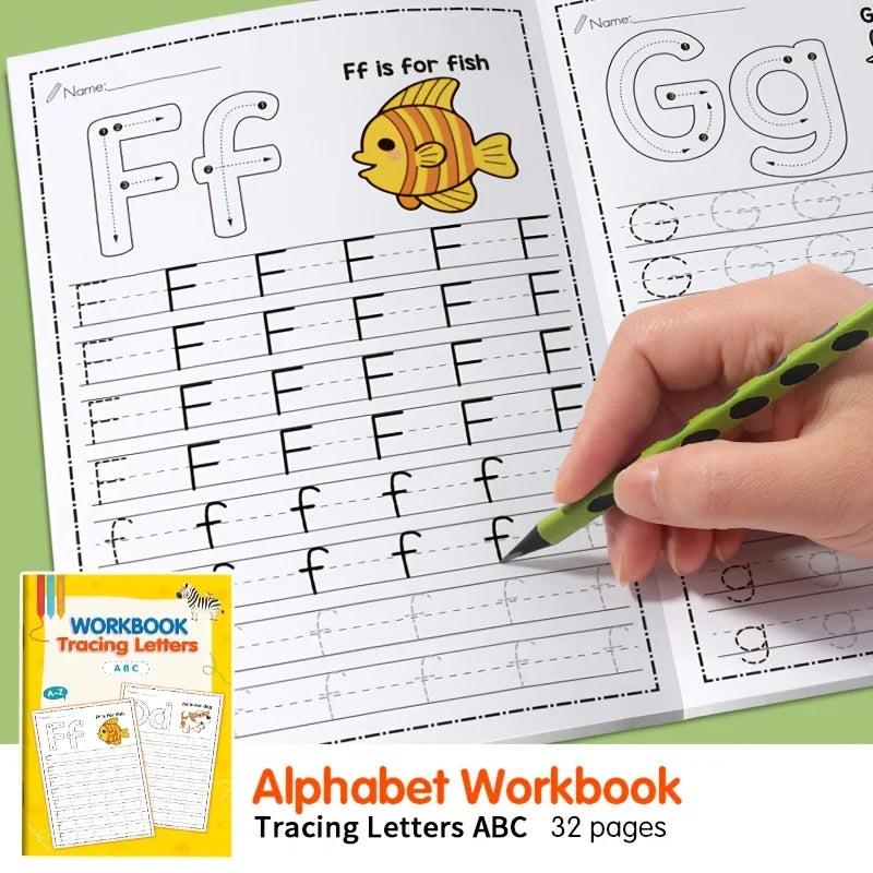 Alphabet-Arbeitsbuch mit Buchstaben FF und GG zum Üben mit einem Bleistift.