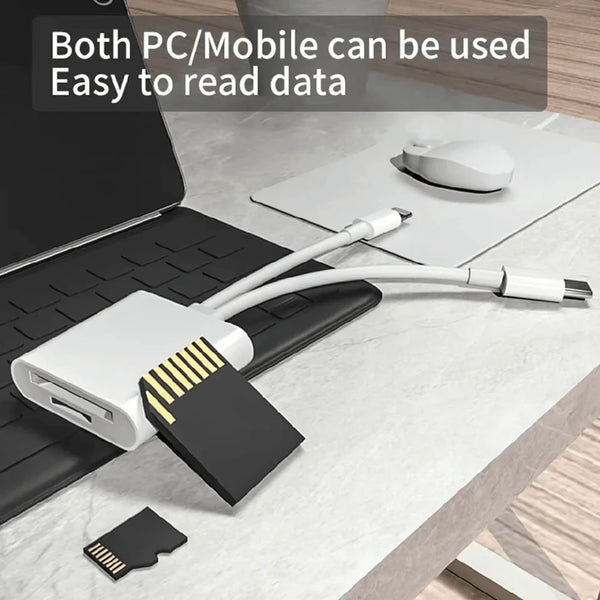 A white USB Lightning to SD/TF card reader is shown next to a laptop and a mouse on a desk.