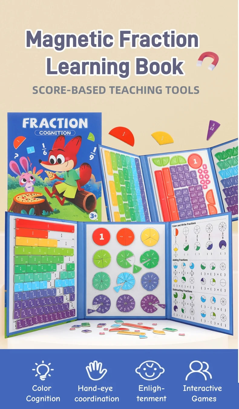 A magnetic fraction learning book with color cognition and hand-eye coordination tools.