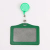 A green PU leather retractable ID card holder with a clear plastic badge case and attached keyring.