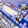 A close-up view of a purple and white dye-sublit keycap set for a mechanical keyboard, featuring anime-style characters.