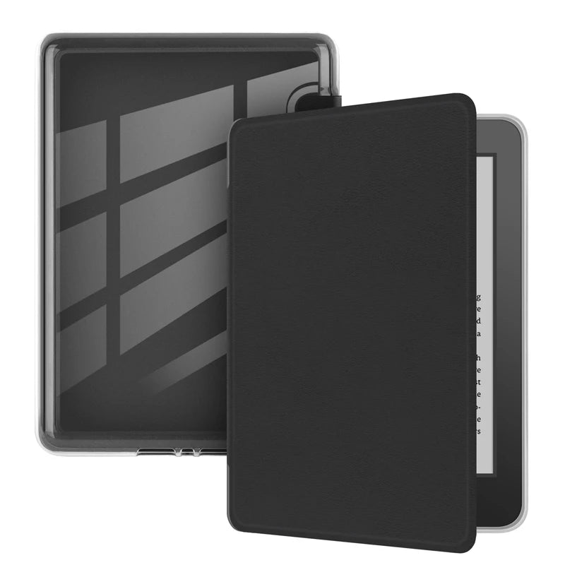A black protective case for a Kindle Paperwhite with a clear acrylic back.