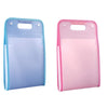A pink accordion file organizer with a clear plastic sleeve and a light blue trim.