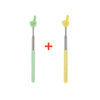 Two stainless steel telescopic teaching pointers, one green and one yellow, with a red plus sign between them.