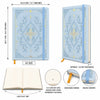 A5 dot grid notebook with a light blue botanical cover featuring gold foil accents and round corners