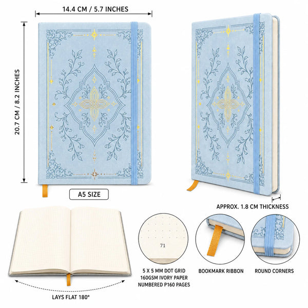 A5 dot grid notebook with a light blue botanical cover featuring gold foil accents and round corners