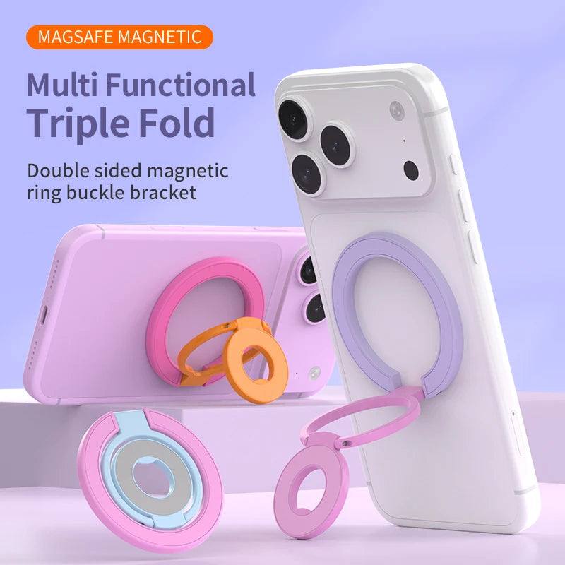 A white smartphone is shown with a purple ring buckle bracket and a pink phone is displayed next to it.