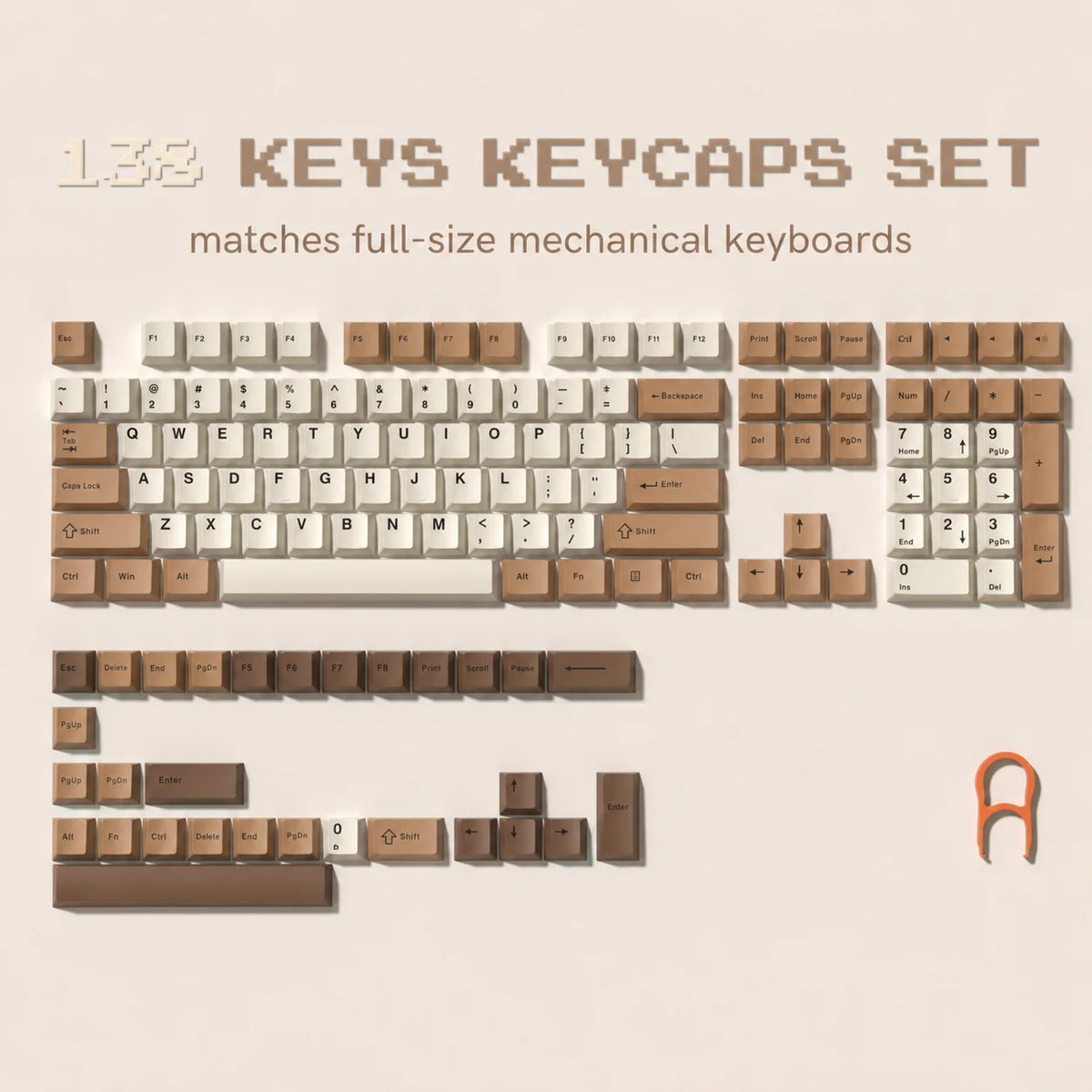 A set of 138 keys and keycaps for full-size mechanical keyboards, featuring PBT double shot keycaps with a cherry profile.