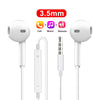 White wired in-ear earphones with a detachable cable and inline controls shown from multiple angles