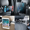 Flexible car headrest mount holding a tablet and a smartphone in a vehicle seat.