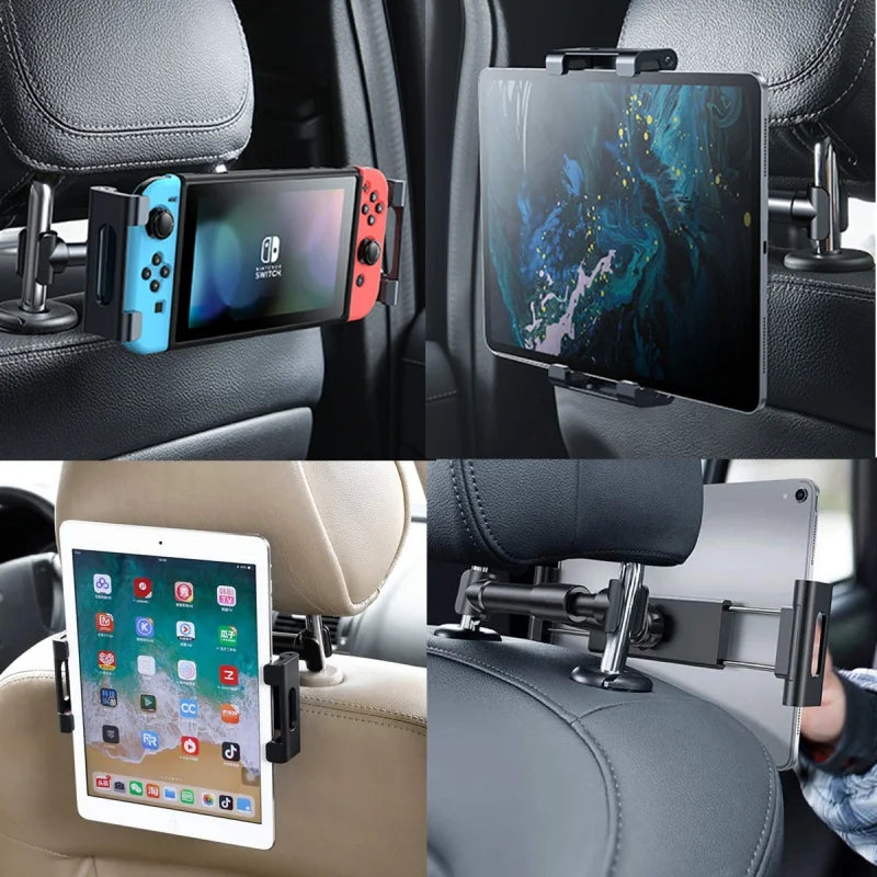 Flexible car headrest mount holding a tablet and a smartphone in a vehicle seat.