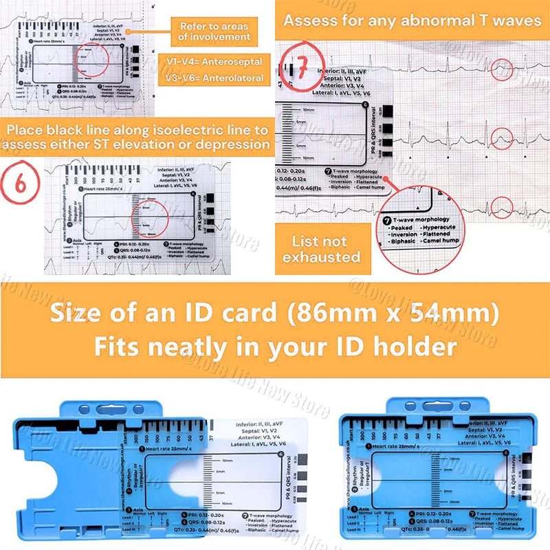 A blue ID card sized for an ECG ruler, showing heart rate and T wave morphology markings.