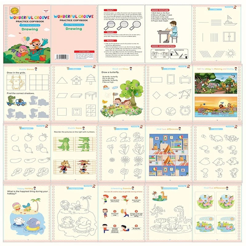 A set of guided writing practice books for kids including drawing, handwriting, and story activities.
