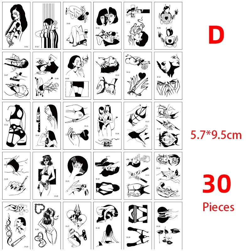 Una cuadrícula de 30 pegatinas de tatuajes temporales multi-diseño con diversos elementos artísticos y decorativos.