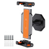 A black wall mount stand for tablets with an orange rotating holder and mounting hardware.