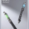 A black anti-slip gel pen with a clear blue tip is shown diagonally against a gray background.