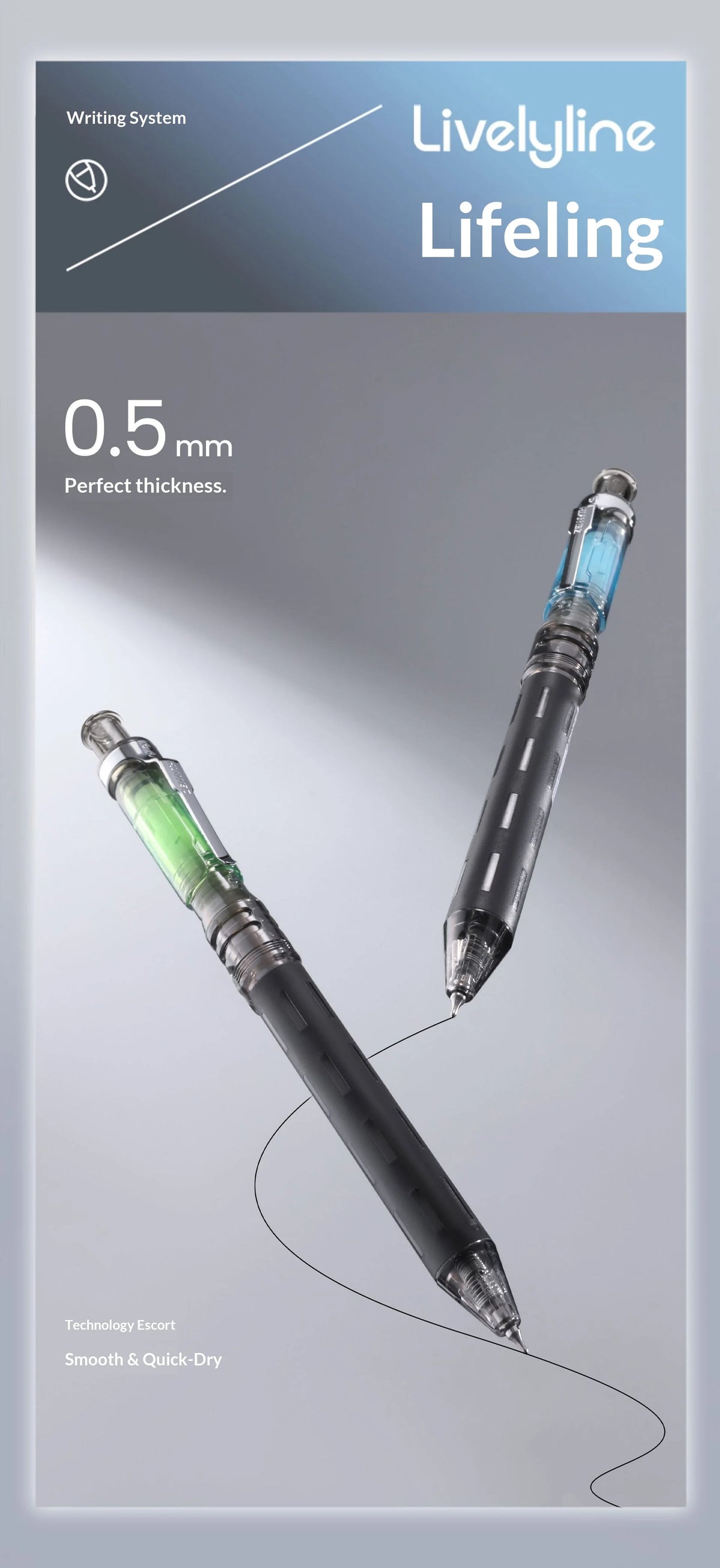 A black anti-slip gel pen with a clear blue tip is shown diagonally against a gray background.