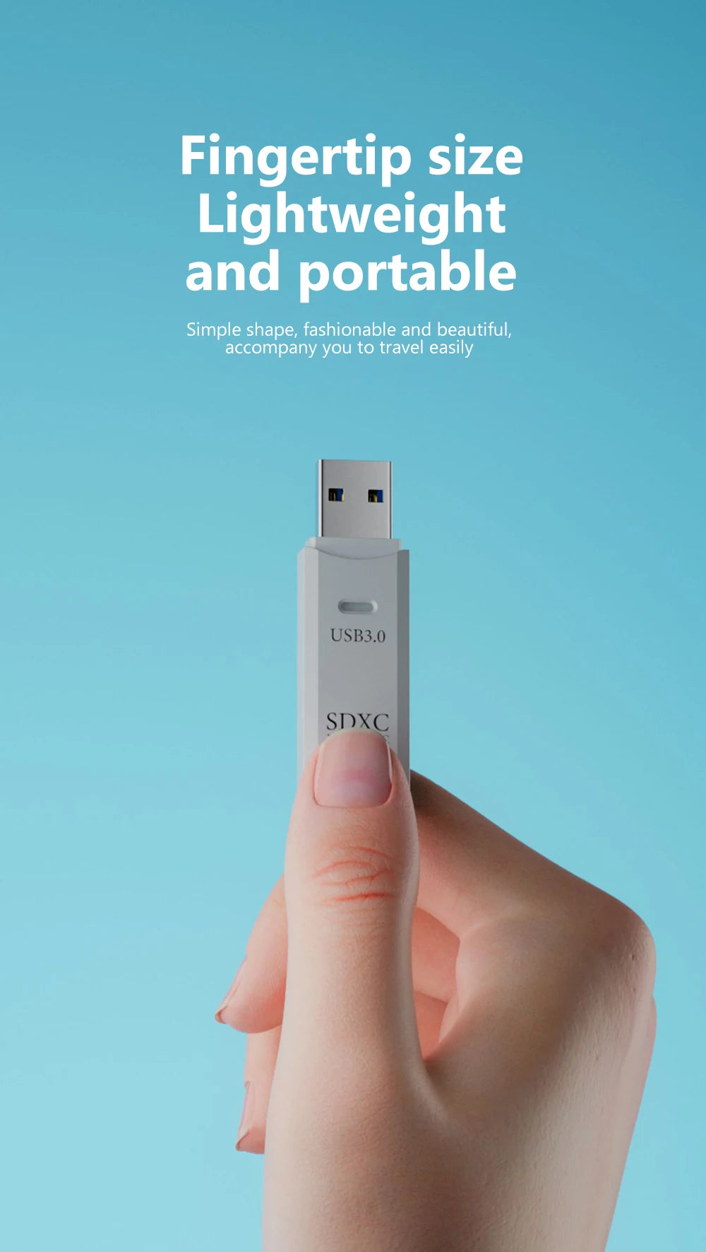 A hand holds a small, lightweight USB 3.0 SDXC card reader device against a light blue background.