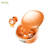 An orange HTC wireless earbud case with a charging cover shown open.