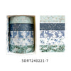 A set of five rolls of floral patterned washi tape in shades of blue and green for crafting.
