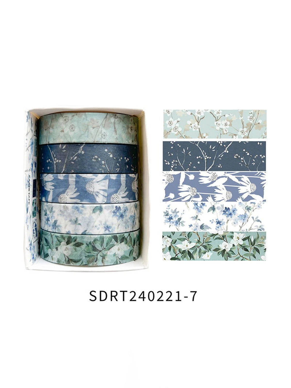 A set of five rolls of floral patterned washi tape in shades of blue and green for crafting.