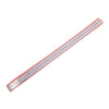 A long, thin stainless steel measuring ruler with millimeter markings and a plastic case.