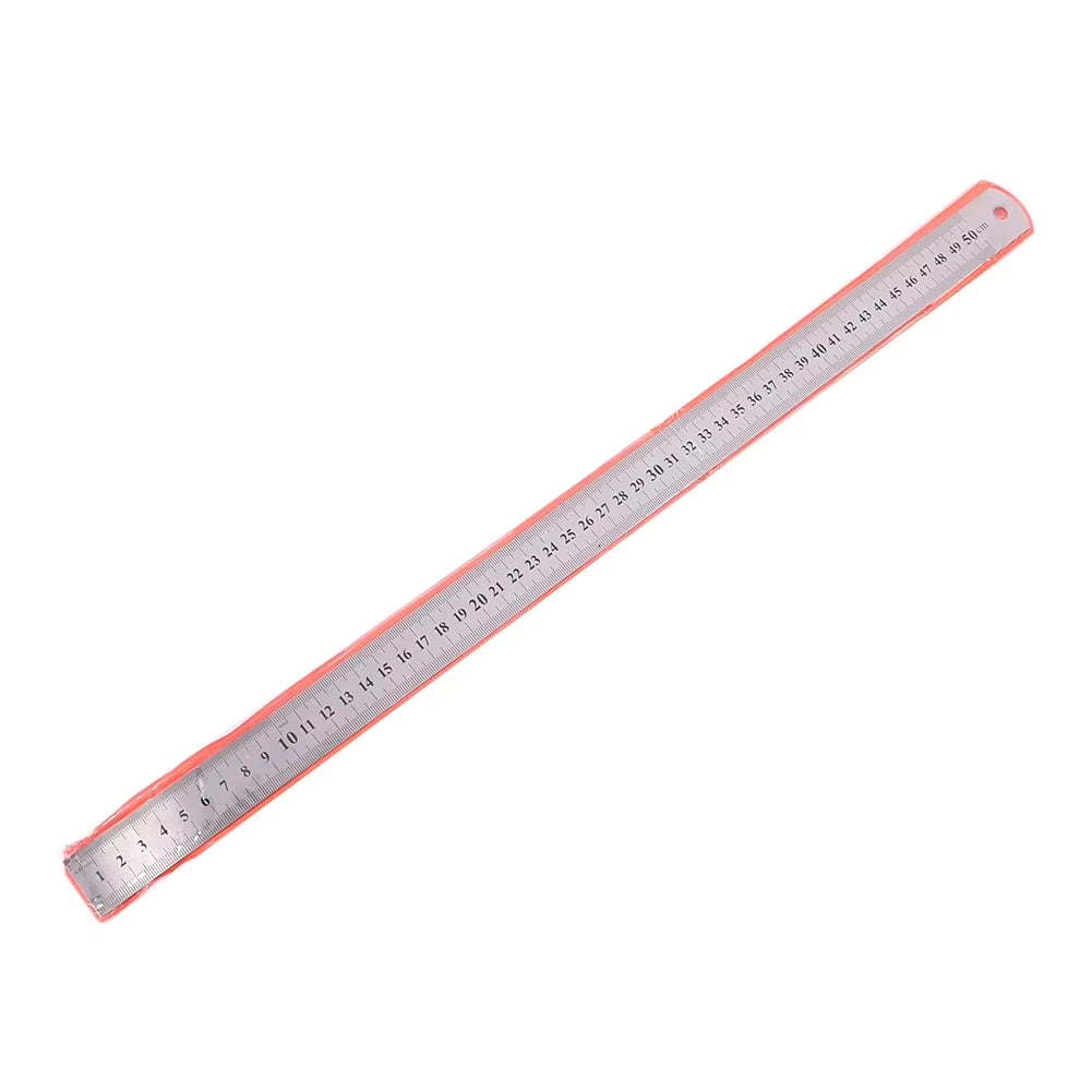 A long, thin stainless steel measuring ruler with millimeter markings and a plastic case.