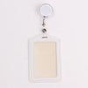 A white PU leather retractable ID card holder with a clear plastic reel attached.